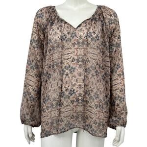 Cabi Top Women Small Siena Blouse Tan Floral Long Sleeve Tie V-Neck Boho Peasant